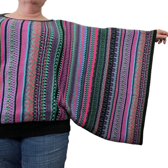 Novica Womens Striped Batwing Poncho Lightweight Sweater Aztec Boho Tribal - Picture 4 of 7